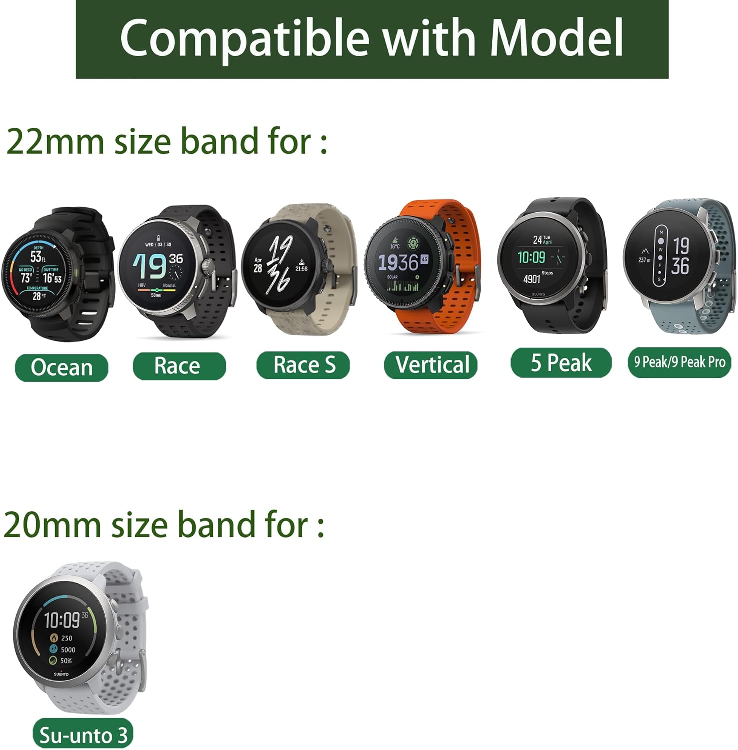 Compatible with SUUNTO Race 2 bands, 20mm, 22mm Silicone Replacement Wristbands Sport Strap with Metal Buckle Compatible with SUUNTO Race 2, Run, OCEAN, RACE, RACE S, VERTICAL, 9 PEAK, 9 PEAK PRO, 5 Peak, 3 Smartwatch