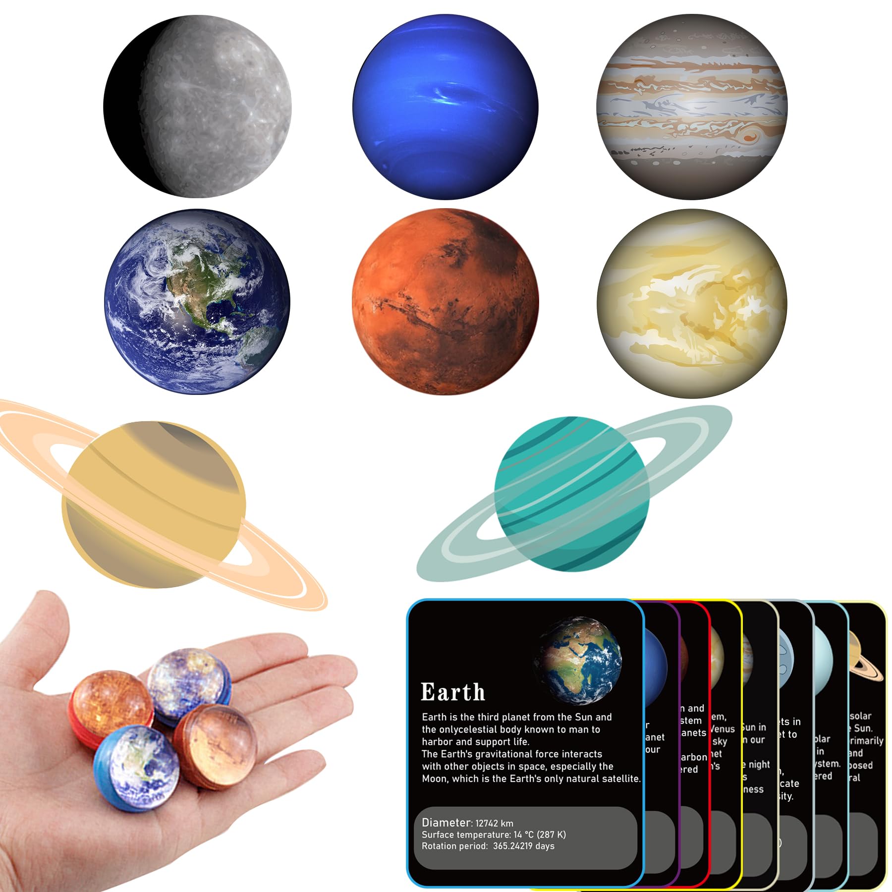 24PCS Bouncy Balls for Kids 30mm Solar System Planets Toys with 8PCS Planetary Flashcards for Kids Party Favors, Space Toys, Birthday Gifts, Scientific Cognition