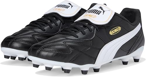 PUMA Men's King Top Firm/Artificial Ground Soccer Cleats, Black/White/Gold, 10.5