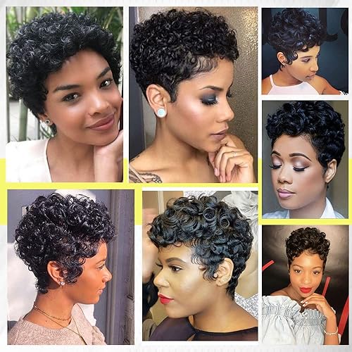 Miniatura 7 de MOONSHOW Pelucas cortas para mujeres negras, peluca de corte Pixie, pelucas cortas afro rizadas para mujeres negras, pelucas cortas Pixie negras
