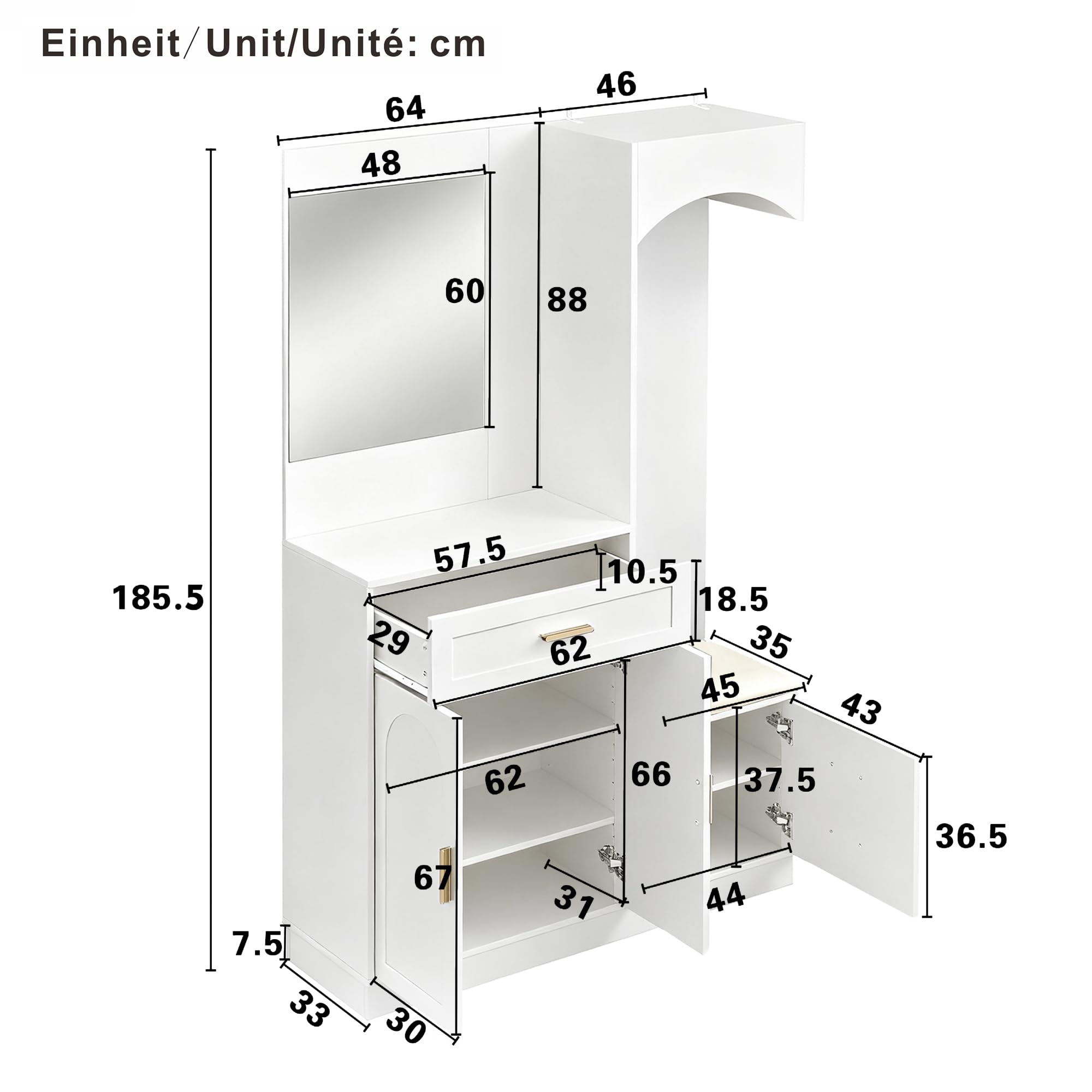Armadio moderno e compatto, armadio guardaroba e scarpiera, armadietto d'ingresso, scaffale multifunzionale con specchio