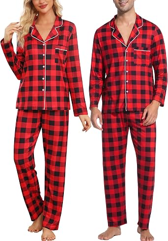 ENJOYNIGHT Couples Christmas Pajamas Sets Long Sleeve Sleepwear 2-Piece Pjs Set Button-Down Loungewear Comfy Nightwear