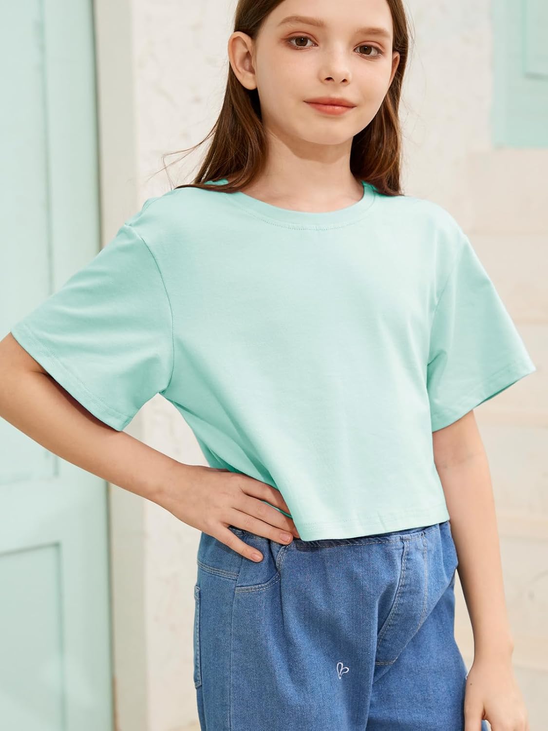 Girls Summer Crop Tops Kids Fashion Oversized Crew Neck Cropped Short Sleeve T Shirts Basic Tees Size 5-14 Years - Image 4