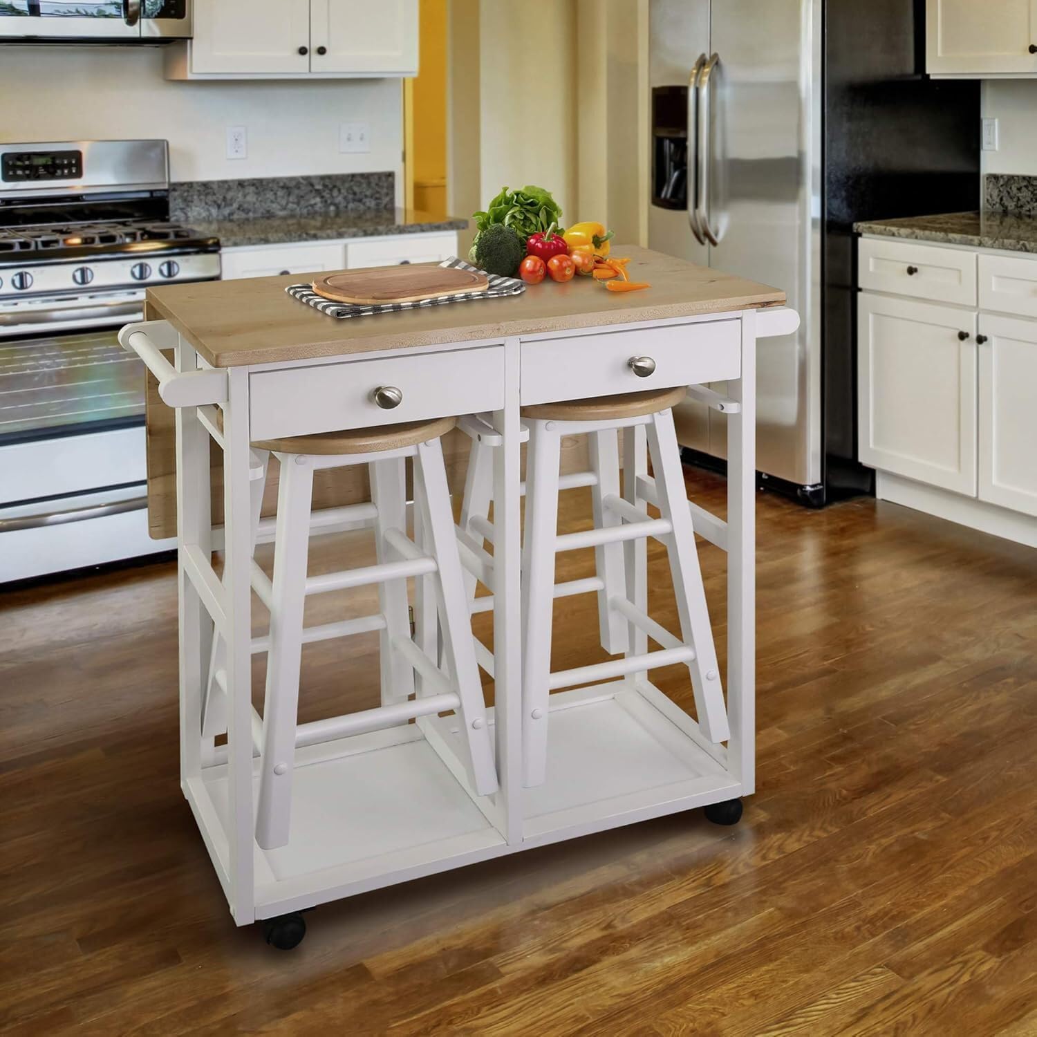 Lakeside Living Breakfast Cart with Drop-Leaf Table and Built-in Stool Storage - White Finish with Two Drawers and Towel Bars in 32 x 29.75 x 33 Inch Rolling Design