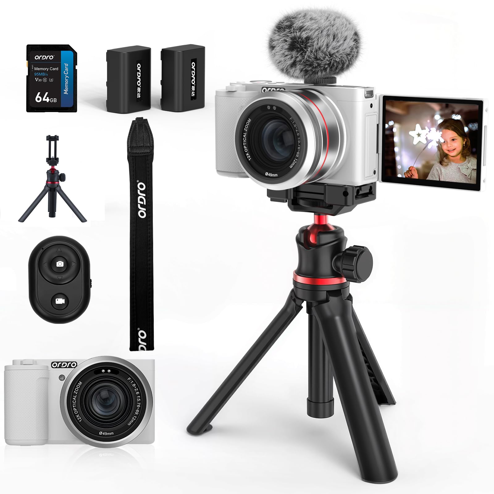 ORDRO 5K Digital Cameras for Photography - 64MP 12X Optical Zoom Travel Content Creator Camera & YouTube Vlogging Camera with Flip Screen, Microphone