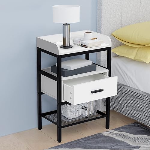 Mesita de noche, mesa auxiliar de 3 niveles con cajón y estante de almacenamiento, mesita de noche industrial con patas ajustables, muebles de