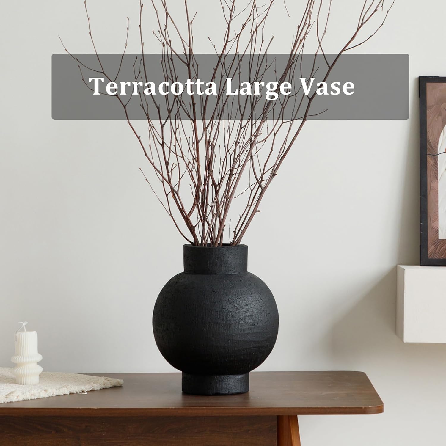 Large Ceramic Vase, 11.6 Inch Rustic Farmhouse Decorative Flower Vase Big Pottery Terracotta Vase for Home Decor, Table Centerpiece, Living Room, Floor, Bathroom, Wedding (Black)