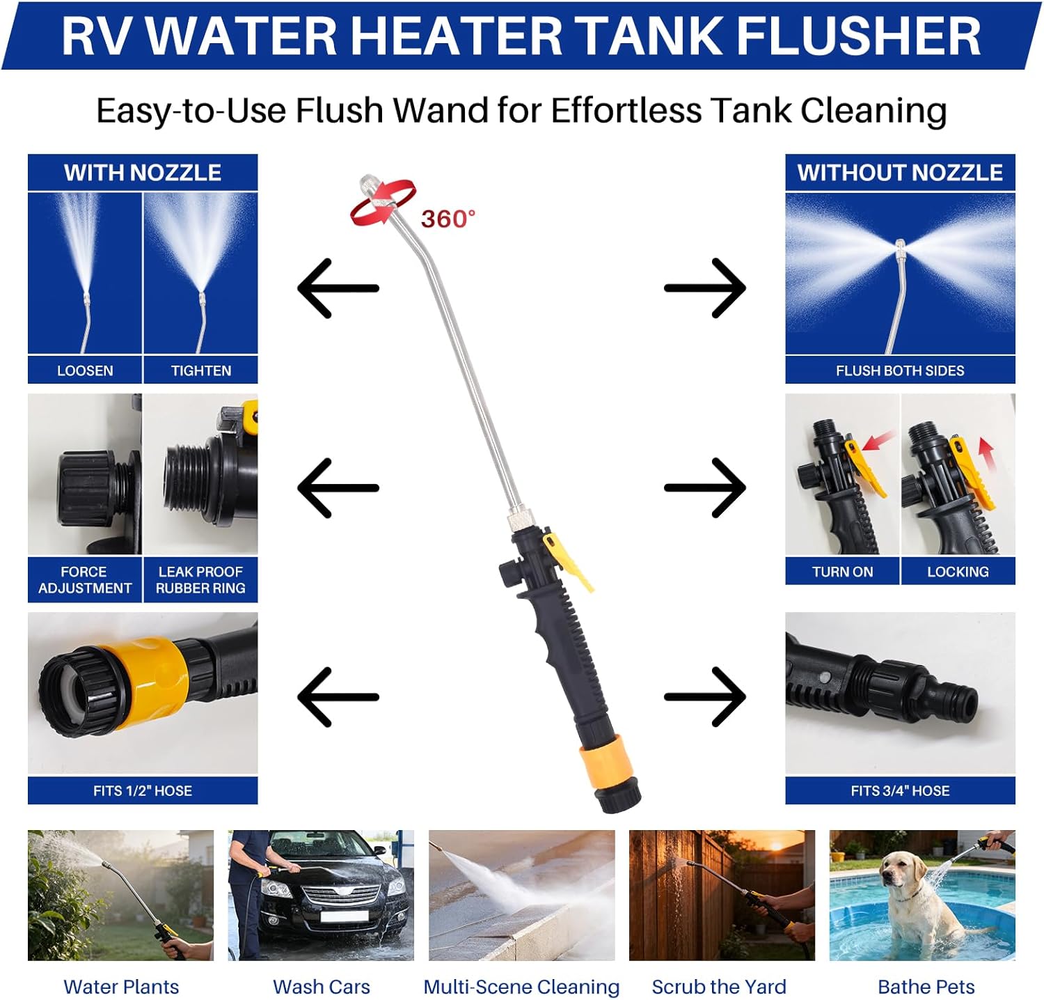 5 IN1 RV Water Heater Parts Anod Rod & Element & Flush Wand Spare Repair Kit for Suburban Water Heaters, 9.25"L x 3/4" NPT Anode Rod, 520900 Heating Element, Tank Rinser, Dual Hex Wrench & Tape