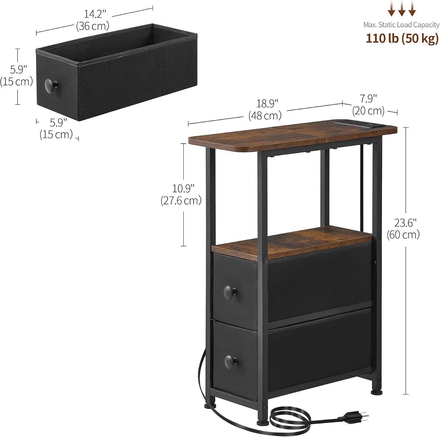 DALEMHOME Narrow End Table with Charging Station, Narrow Side Table with Drawer, Small Nightstand with LED Light, Skinny Nightstand, Small Bedside Table for Living Room, Bedroom, Couch, Rustic Brown image 3