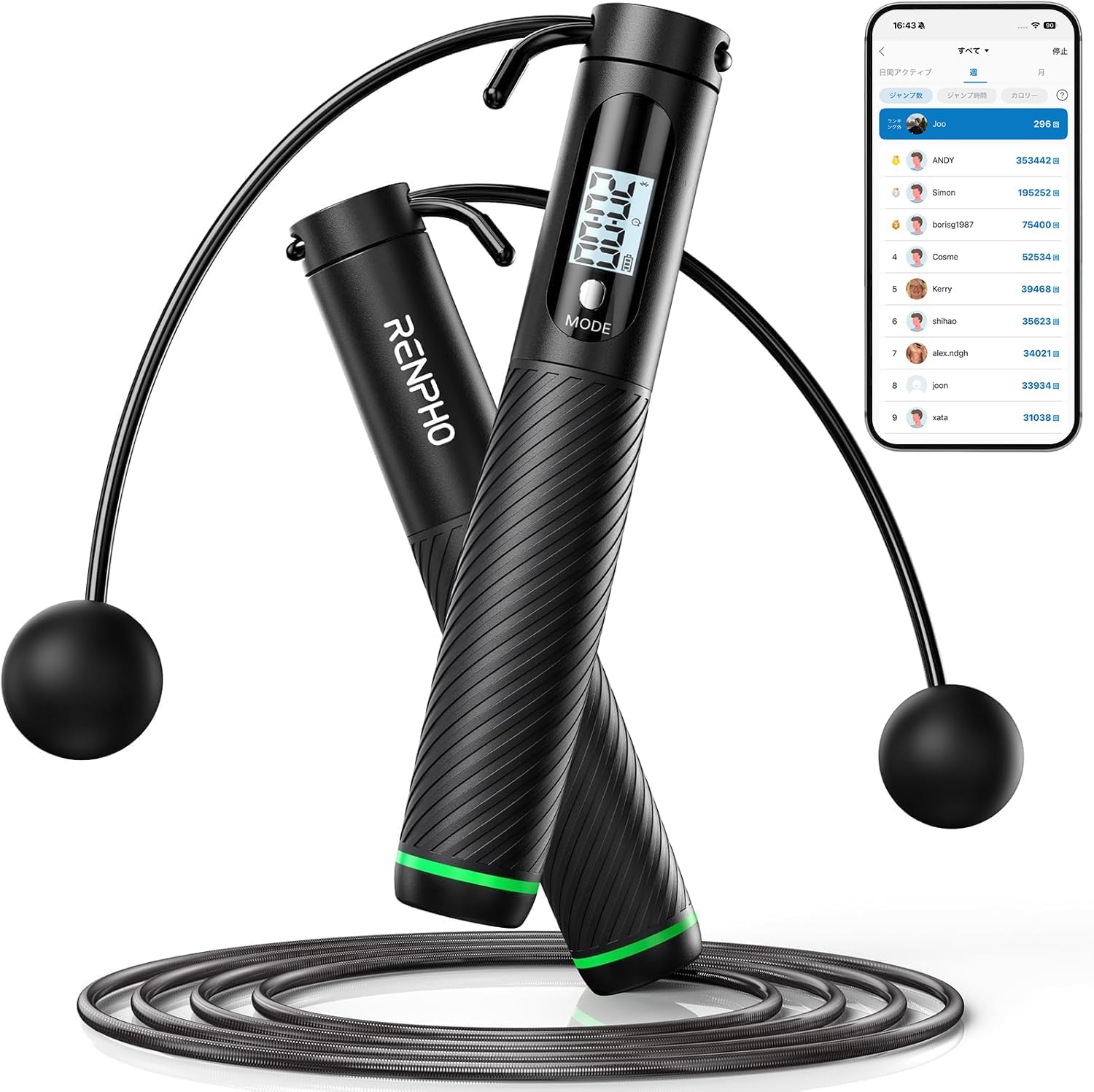 RENPHO スマート縄跳び アプリ連携 Bluetooth対応 ジャンプロープ コードレスボール付きトレーニング用 ジャンプデータ知能管理 フリージャンプ 回数カウントダウン機能 タイマー機能 ほかの健康アプリ同期可能 カロリー消費 ロープの長さ調節可能 大人用 子供用 運動不足対策 ダイエット なわとび Appデータ記録 電池付属 日本語アプリ 日本語説明書付き ダイエット レンフォ 滑り止めハンドル R-Q008