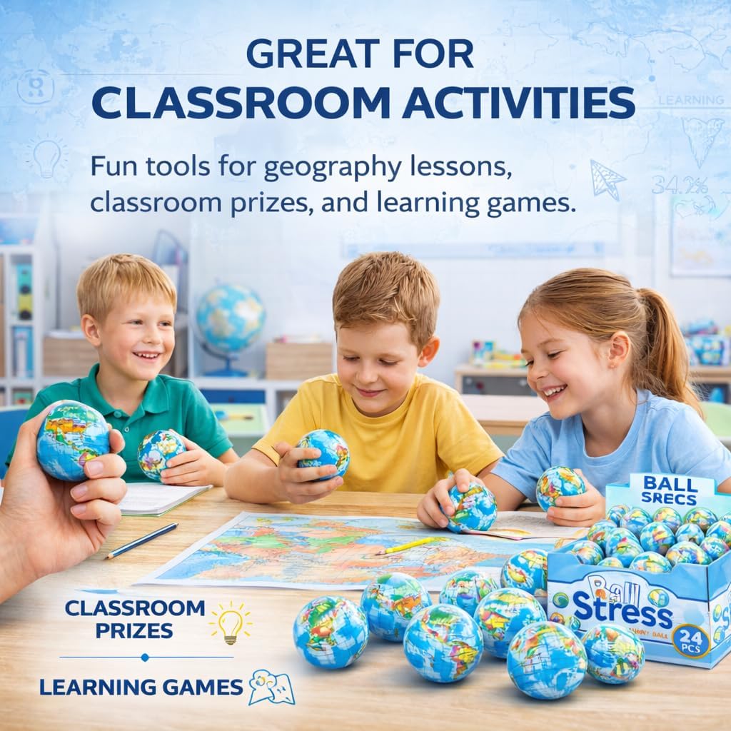 24 Pack - Globe Mini Soft Foam Earth Squeeze Balls, 2.5" Squeezable World Toy Stress Relief Bulk Educational Novelties for Kids, School, Classroom, Party Favors, Rewards