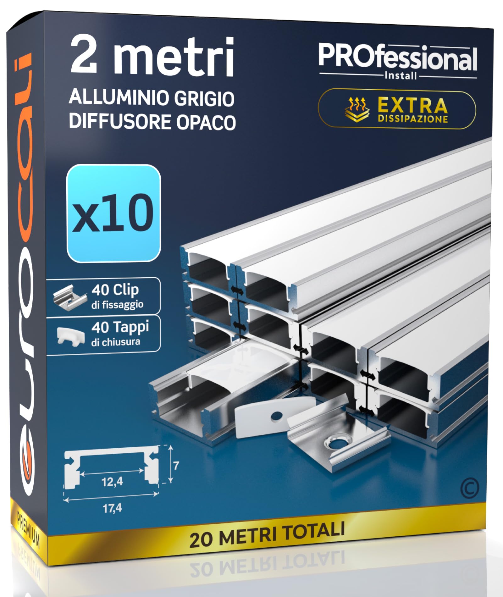 Eurocali 10 Profili da 2 metri (20mt) in Alluminio grigio per Strisce LED Schermatura Opaca ingombro max striscia led 12.4mm - 17.4 x 7