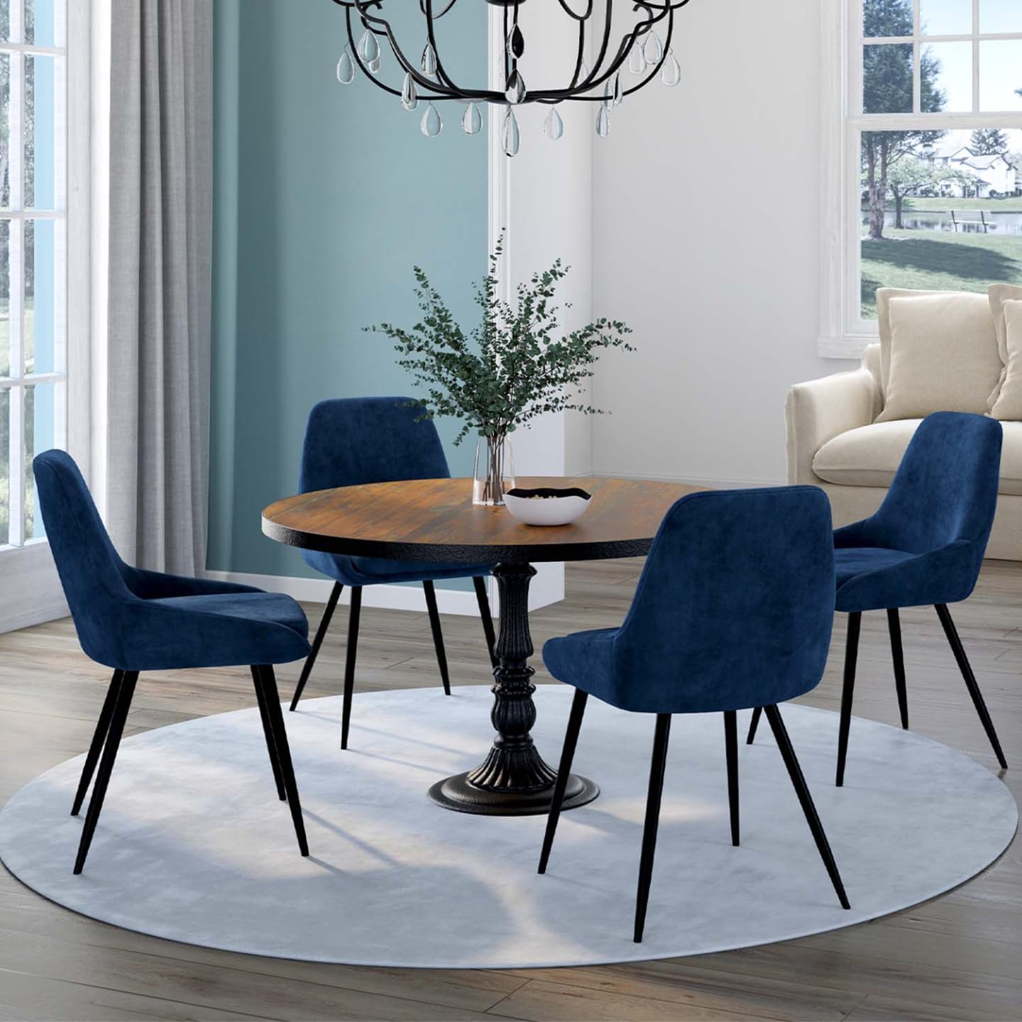 IDMarket - Lot de 4 chaises THALYA en Velours Bleu avec accoudoirs