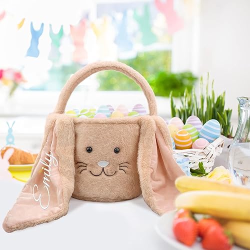 Miniatura 6 de Atiming Cesta de Pascua de felpa bordada con nombre personalizado para niños, cesta grande de caza de huevos de Pascua rosa con orejas largas de