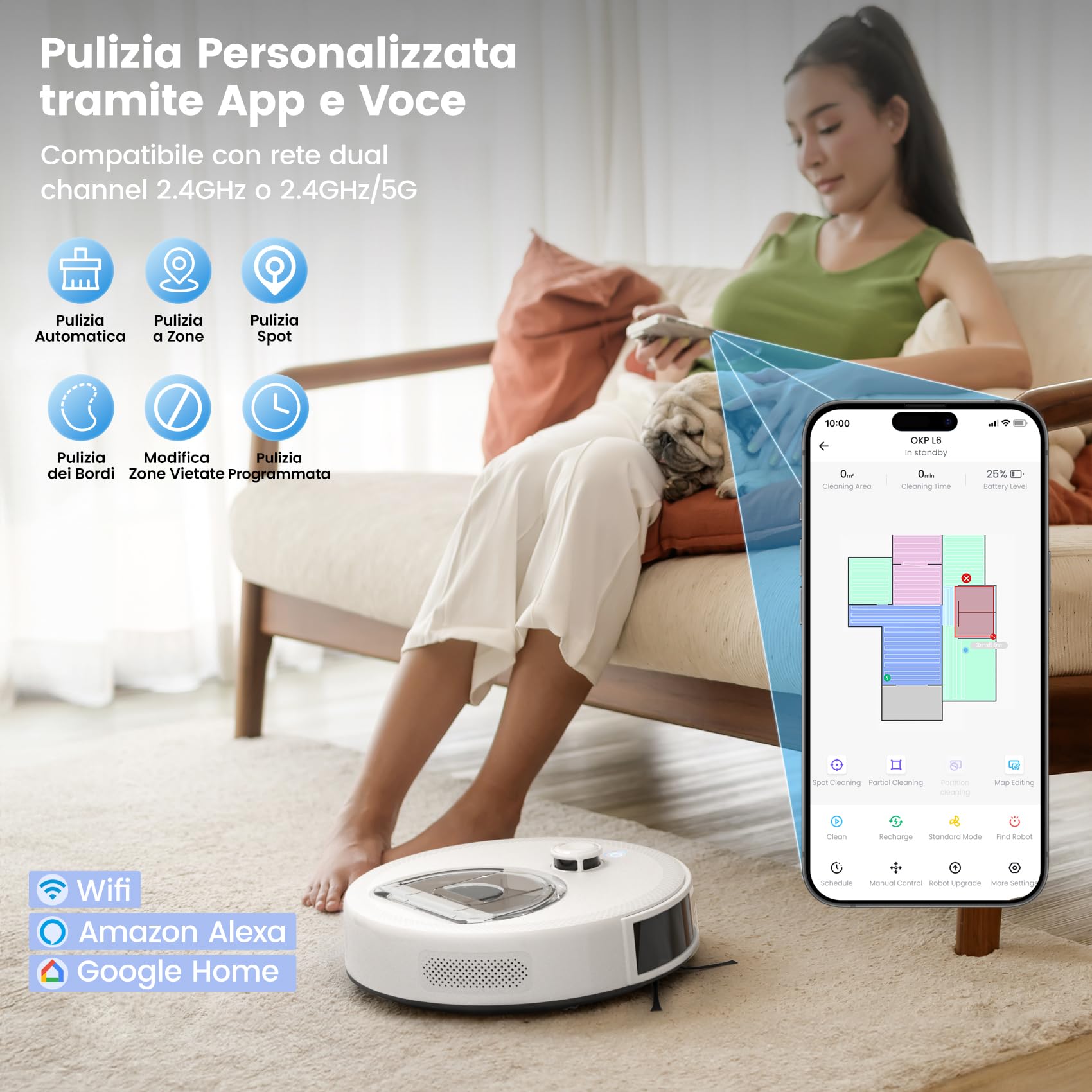 OKP L6 Aqua Robot Aspirapolvere Lavapavimenti con Mappatura, LiDAR DToF, 6000Pa, 150 Min, WiFi/APP/Alexa, Zone No-Go, 3 IN 1 Robot Lavapavimenti e Aspirapolvere Ideale per Peli di Animali Tappeti - Vista 7