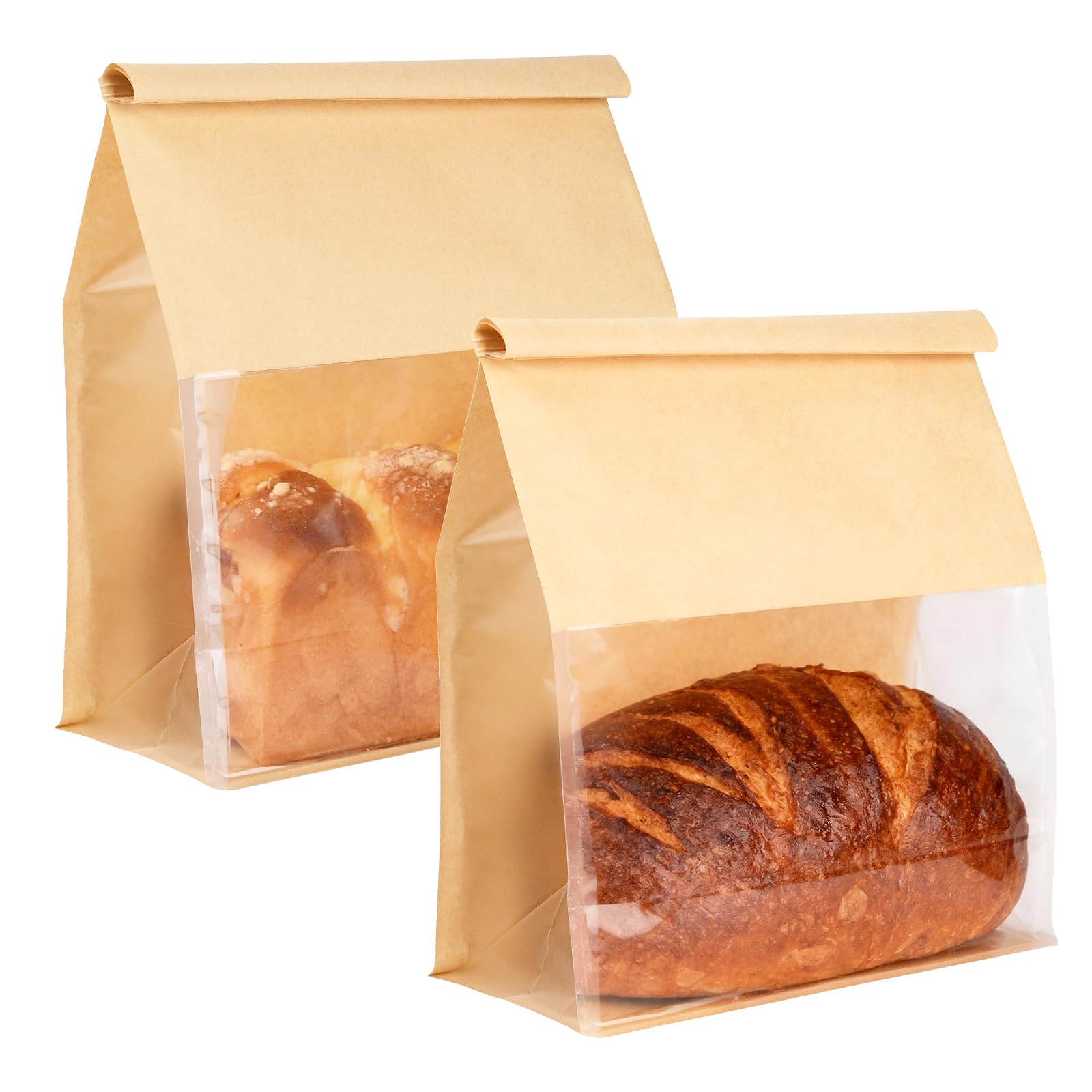 Paquete de 50 bolsas de pan grandes con cierre de pestaña de lata, bolsa de pan de 8.7 x 4.3 x 11 pulgadas con ventana frontal transparente, bolsa de golosinas para panadería, cafetería, pan casero
