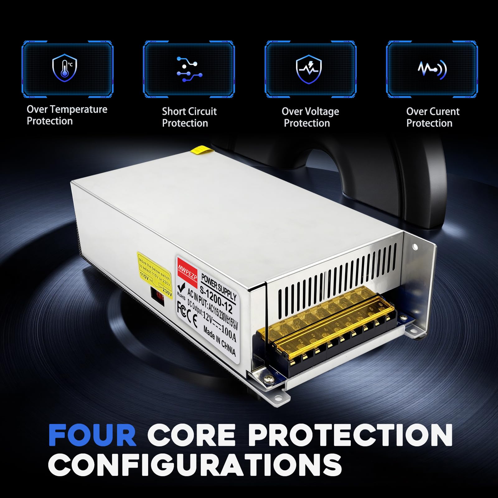 Convertidor de CA a CC de 12 V, 100 A, 1200 W, fuente de alimentación universal SMPS 110 V/120 V/220 V CA a CC, adaptador de controlador transformador para CCTV, RV, bomba, tira LED (DC12V-100A-1200W)