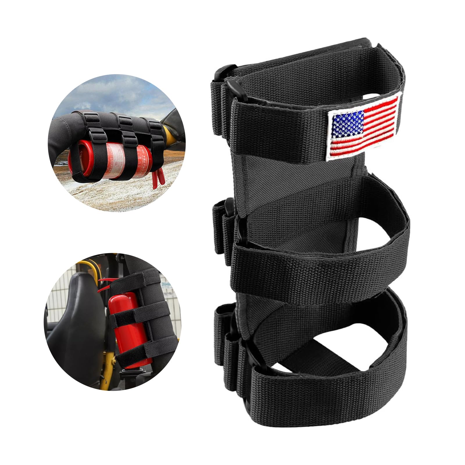 SOMUCH Roll Bar Fire Extinguisher Mount - Adjustable Fire Extinguisher Holder Strap with American Flag, Auto Exterior Accessories Compatible with Jeep Wrangler JK JKU TJ CJ Gladiator (Black)
