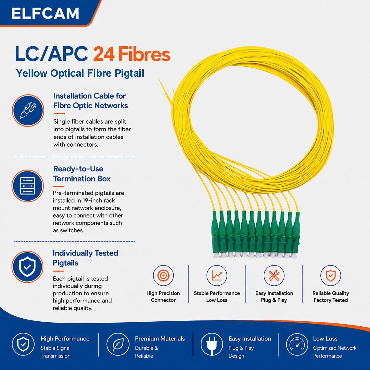 Elfcam® - Pigtail a fibra ottica monomodale Simplex LC/APC Monomodale Simplex 9/125um OS2, 0,9mm 1 metro (lotto da 24, giallo)