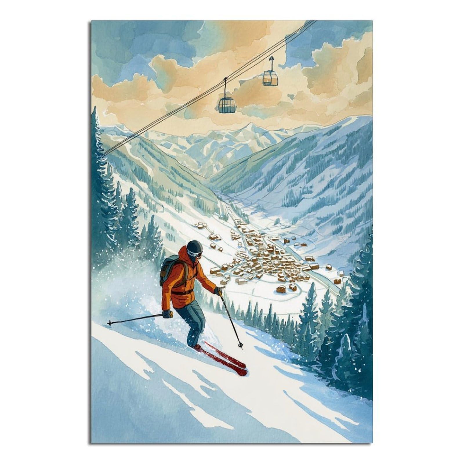 iPuzou Saalbach Hinterglemm Austria Ski Poster 20x30inch(50x75cm) Vintage Watercolor Canvas Art