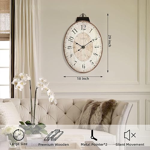 Miniatura 7 de Reloj de pared ovalado de 29 pulgadas, reloj de pared decorativo silencioso sin tictac para sala de estar, moderno reloj de granja que funciona con