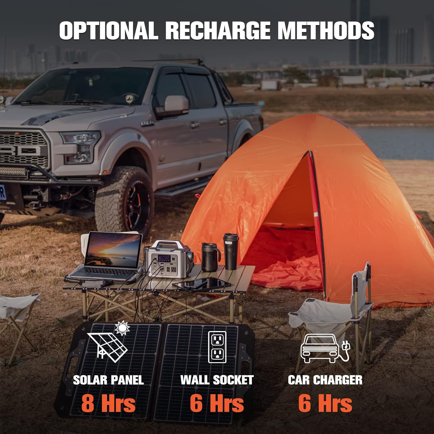 Diagram showing three recharging methods for the PRYMAX Power Station: Solar Panel (8 Hrs), Wall Socket (6 Hrs), and Car Charger (6 Hrs).