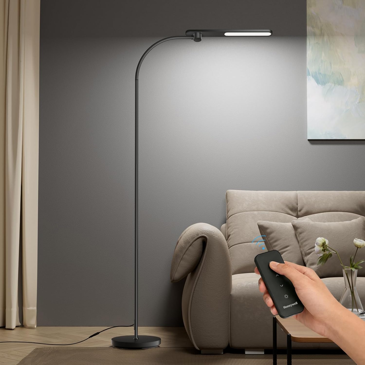 Honeywell F4 Sunturalux™ LED Floor Lamp with Wireless Remote, CRI 97 Full-Spectrum Dimmable Reading Light, Flexible Gooseneck Task Lamp, 77.5" Tall Standing Lamp