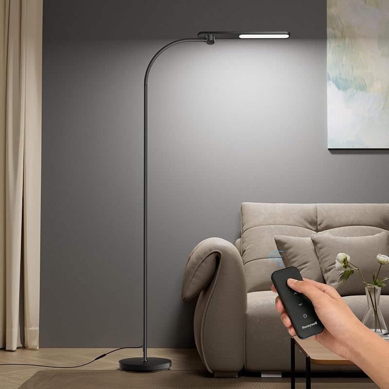 Honeywell LED Floor Lamp with Remote, CRI97 Dimmable Gooseneck 77" Black | 96 Sunturalux LED Beads 3 Color Temps 3000K-5000K,Wireless Remote,Modern Standing Lamp for Living Room Bedroom Office Reading