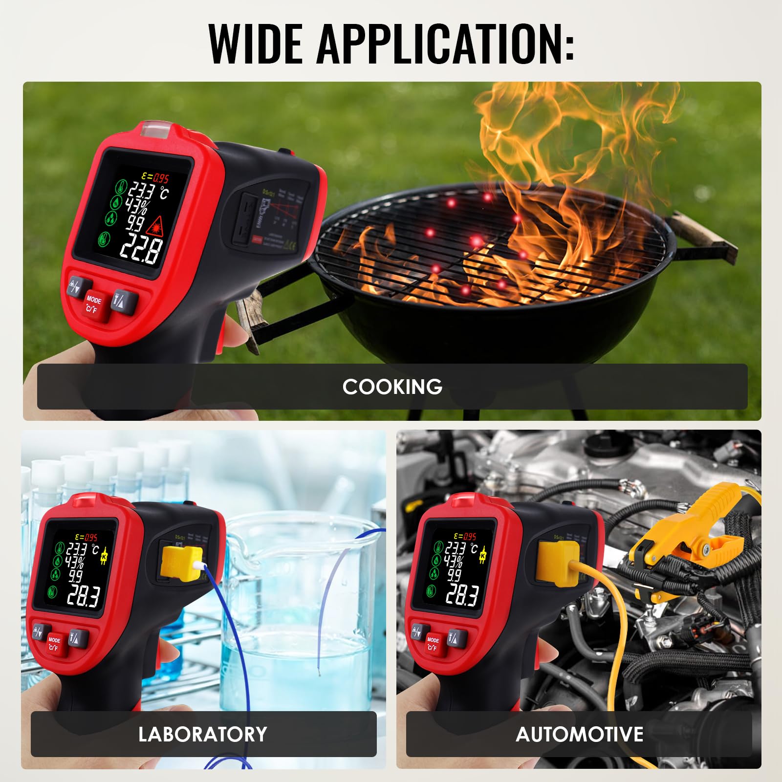 Termometro a infrarossi con termocoppia tipo K, misurazione della temperatura a doppio laser ad alta precisione (da -50 °C a 850 °C) per cucinare, per carne, forni, riscaldamento, ventilazione e
