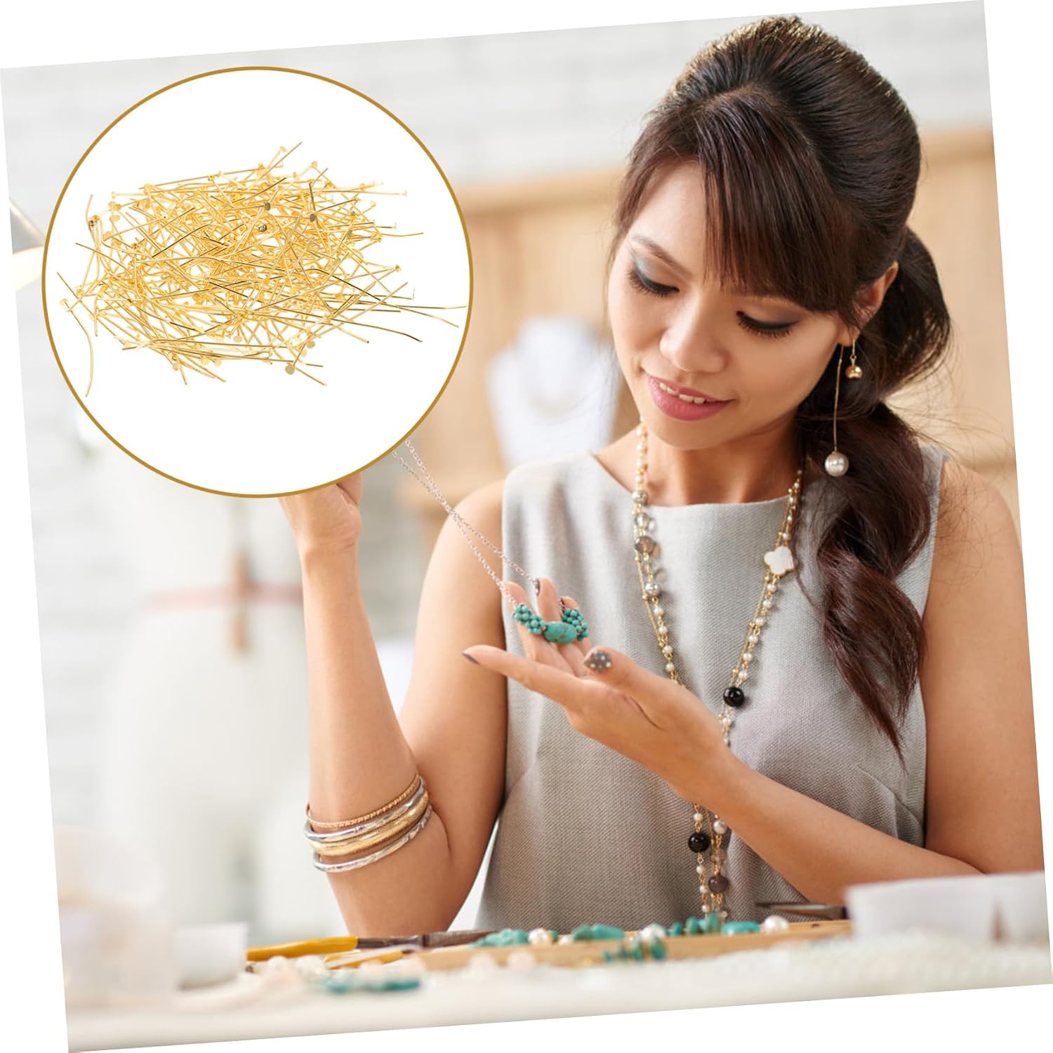 400pcs Gold Metal Flat Head Pins Bead Threader Pins for Jewelry Making DIY Earring Necklace Craft Supplies