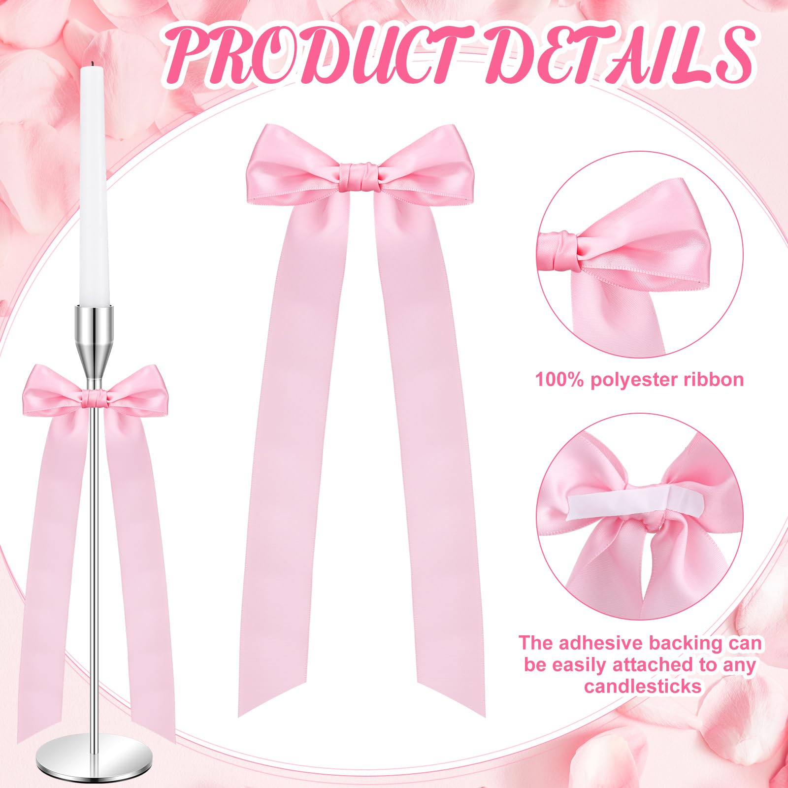 12 lazos rosados de Navidad para decoración de velas de 13 pulgadas, grandes lazos de decoración de coqueta para mesa, portavelas autoadhesivo, envoltura de regalo, boda, despedida de soltera 3