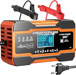 EAFC 12A Autobatterie Ladegerät 12V, Intelligentes 7-Stufen Batterieladegerät, Erhaltungsladegerät mit Reparaturfunktion für AGM Gel SLA Blei-Säure-Batterien, Auto Motorrad Boot Rasenmäher