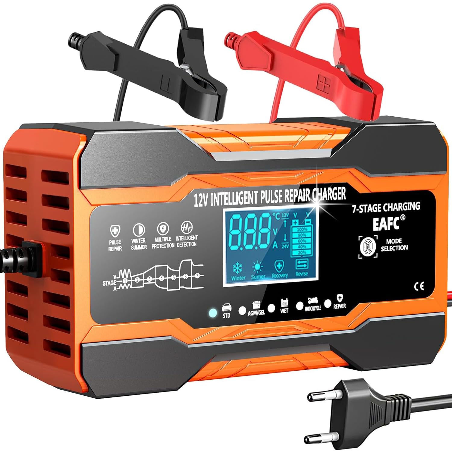 Ladegerät Autobatterie 12A KFZ Batterieladegerät Vollautomatisches Intelligentes Erhaltungsladegerät LCD-für Auto, Motorrad, Rasenmäher oder Boot (Länge des Netzkabels 200cm)
