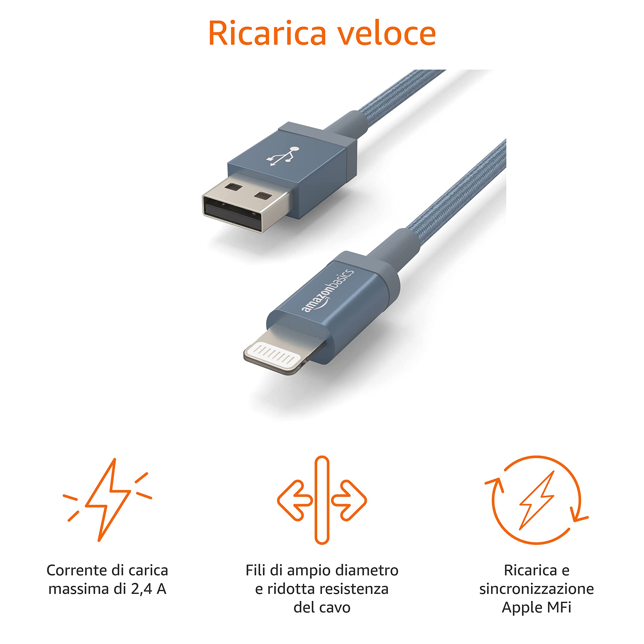Amazon Basics - Cavo di ricarica USB-A a Lightning, certificato MFi, in nylon intrecciato, per iPhone, grigio scuro, 1.8 m, confezione da 2