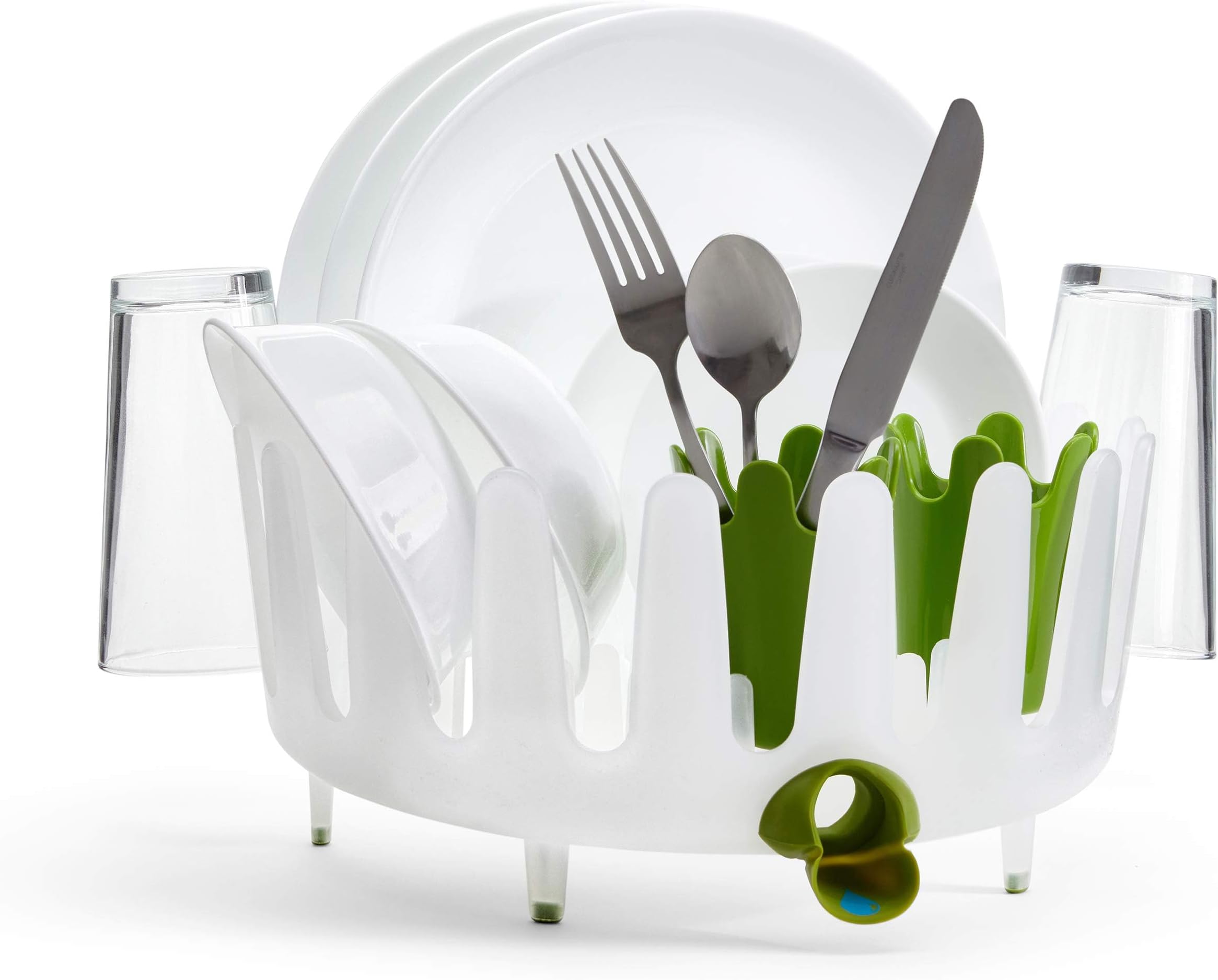 Plastic Dish Garden Dish Rack, Compact & Stylish - Ideal for Small Kitchens, Space-Saving Two-Tier Design with Movable Utensil Holders & Drain Spout (White/Green)