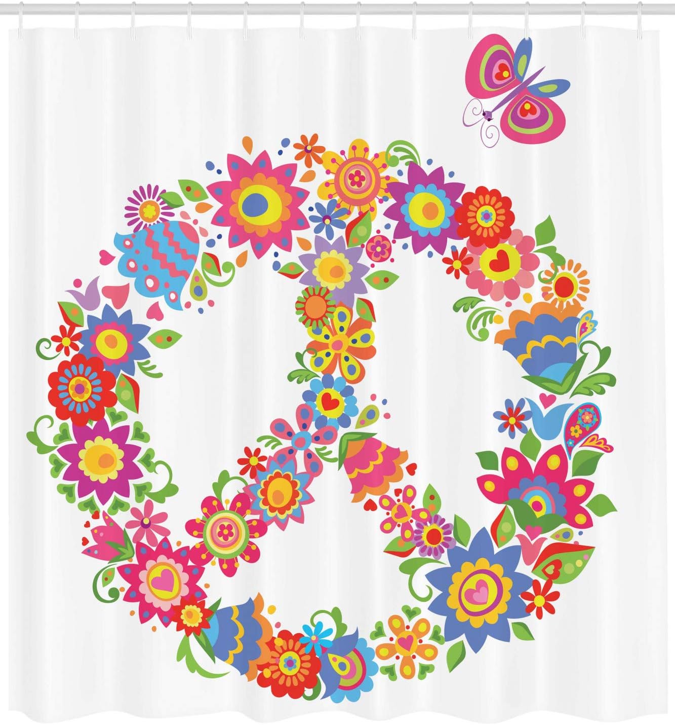 Ambesonne Groovy Shower Curtain, Peace Flower Colorful Illustration About Equality Peaceful World Dreamlike, Cloth Fabric Bathroom Decor Set with Hooks, 69" W x 84" L,Pink