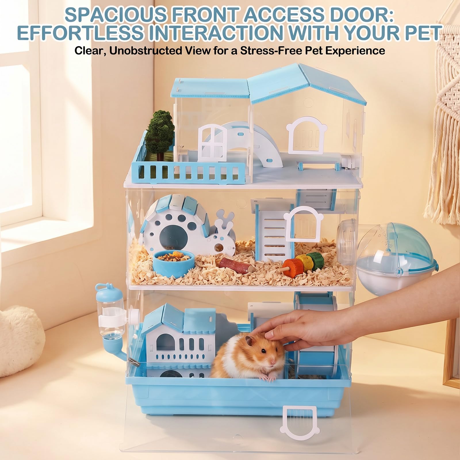 Eccliy Cage pour hamster 15 en 1 en acrylique transparent à 3 couches avec tous les accessoires, 50,8 x 34,7 x 25,4 cm, connexion magnétique, cage à souris de style jardin pour animaux domestiques