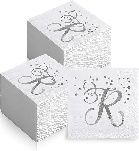 Paquete de 200 servilletas desechables con monograma de papel de aluminio plateado letra R, servilletas de bebida inicial para bodas, fiestas de