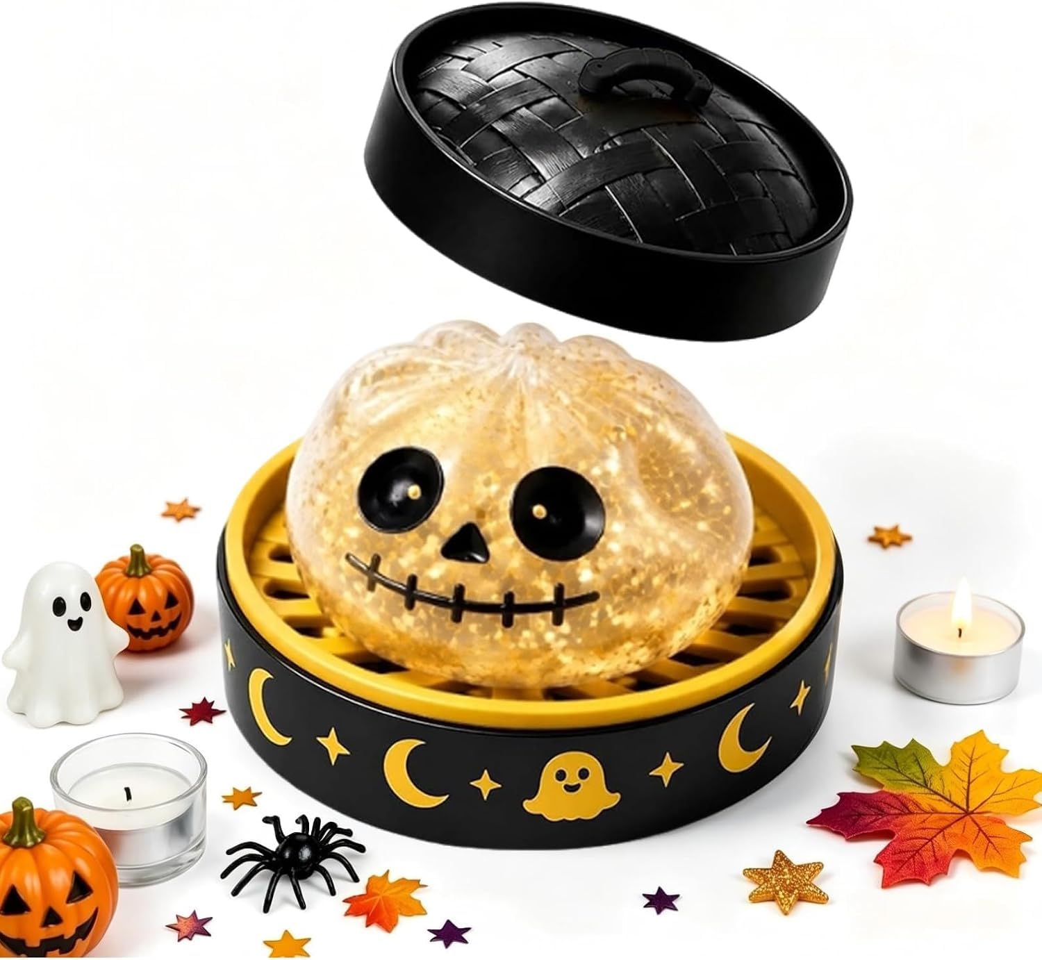 Halloween Spooky Glitter Dumpling Squishies Toy,Ghost Bao Bun Squishes (Yellow)