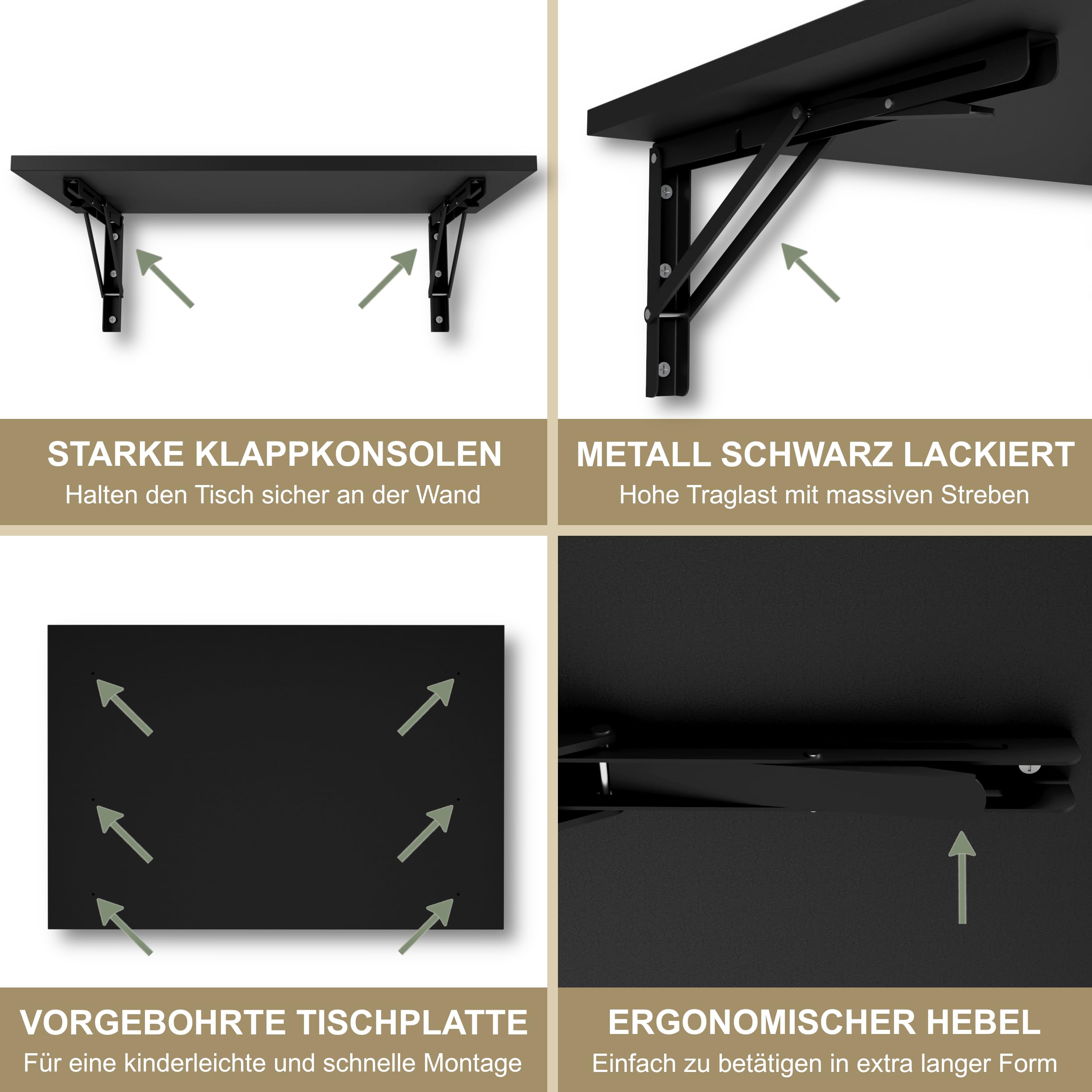 KDR Wandklapptisch 60x40 cm – Klapptisch zur Wandmontage, platzsparender Wandtisch, klappbarer Esstisch, Schreibtisch & Küchentisch, ideal für kleine Räume und Home Office (Schwarz)