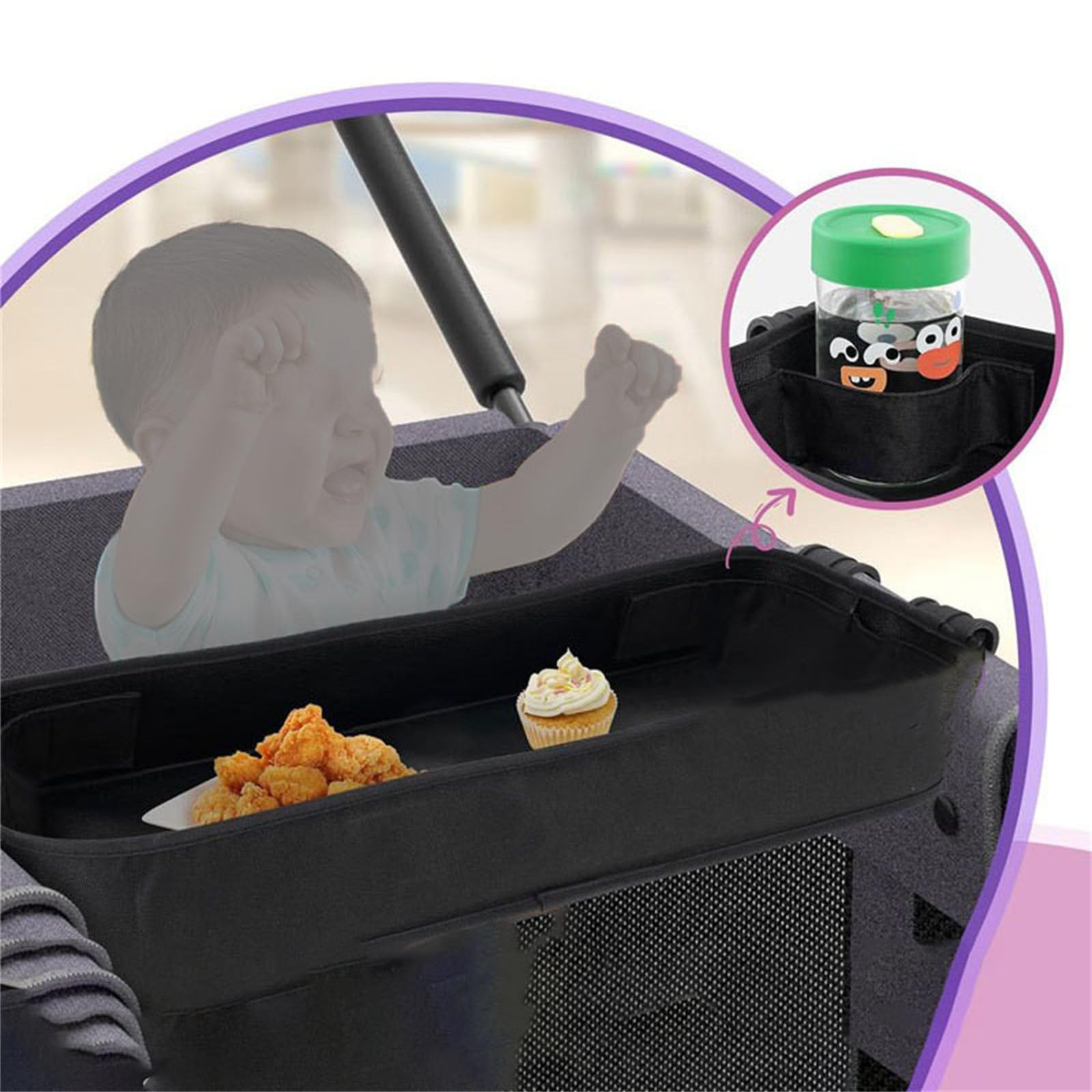 Bandeja para cochecito de bebé, equipada con soporte para bebidas y bolsillos de malla de almacenamiento para, carrito de paraguas, accesorios para cochecito y bandeja para bebidas para