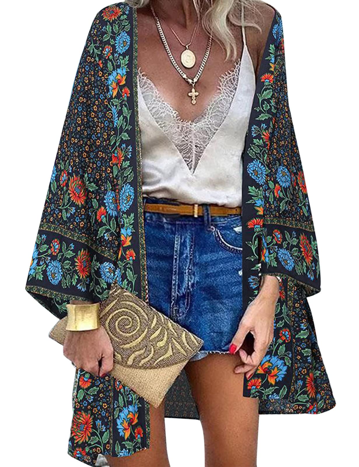 Svanco Mujer Cárdigan Gasa Vestido de Playa Floral Kaftan Bohemia Pareos y Camisola Manga Larga Kimono Largo Traje de Baño Bikini Cover up Verano