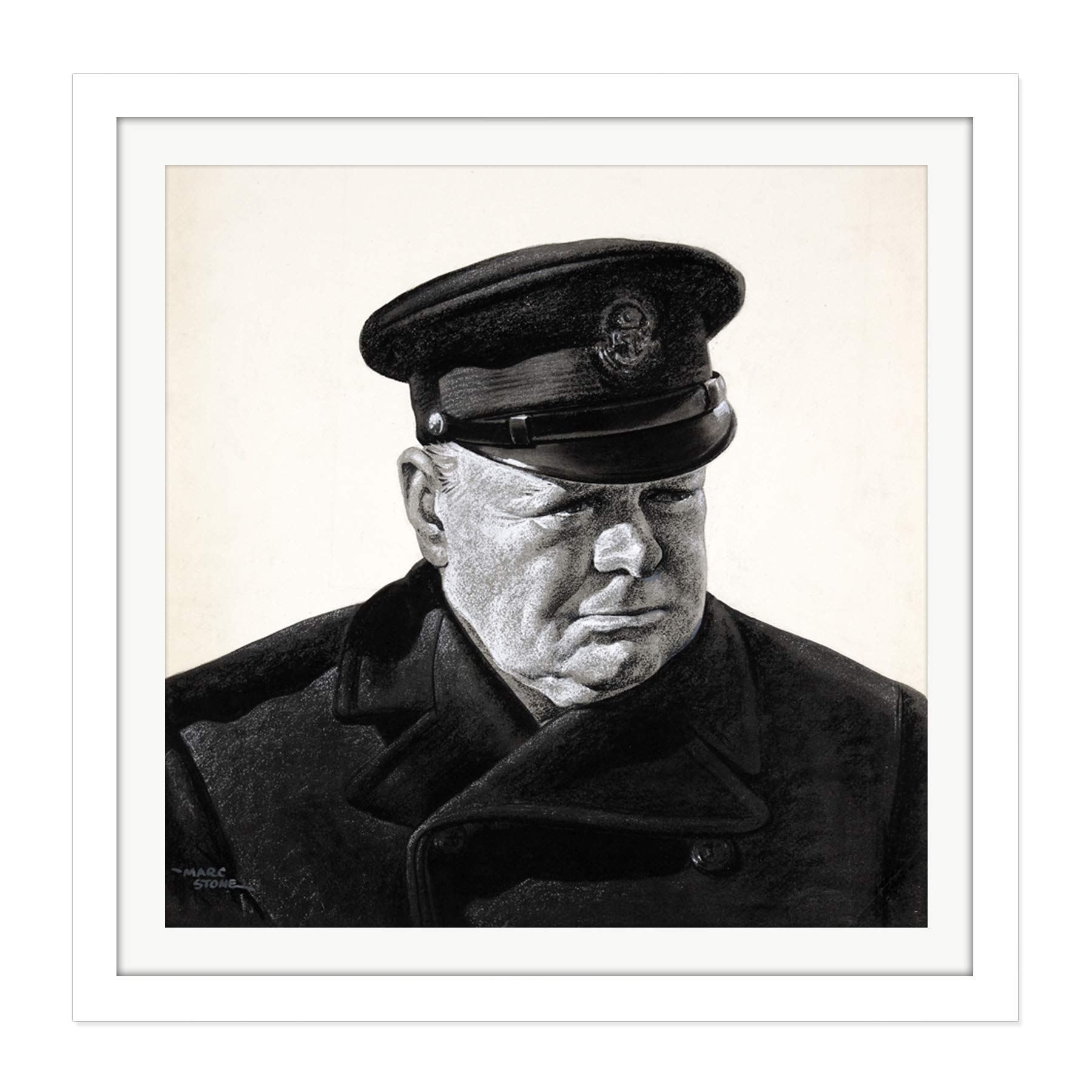Stone Portrait UK Prime Minister Winston Churchill Painting Square Wooden Framed Wall Art Print Picture 16X16 Inch