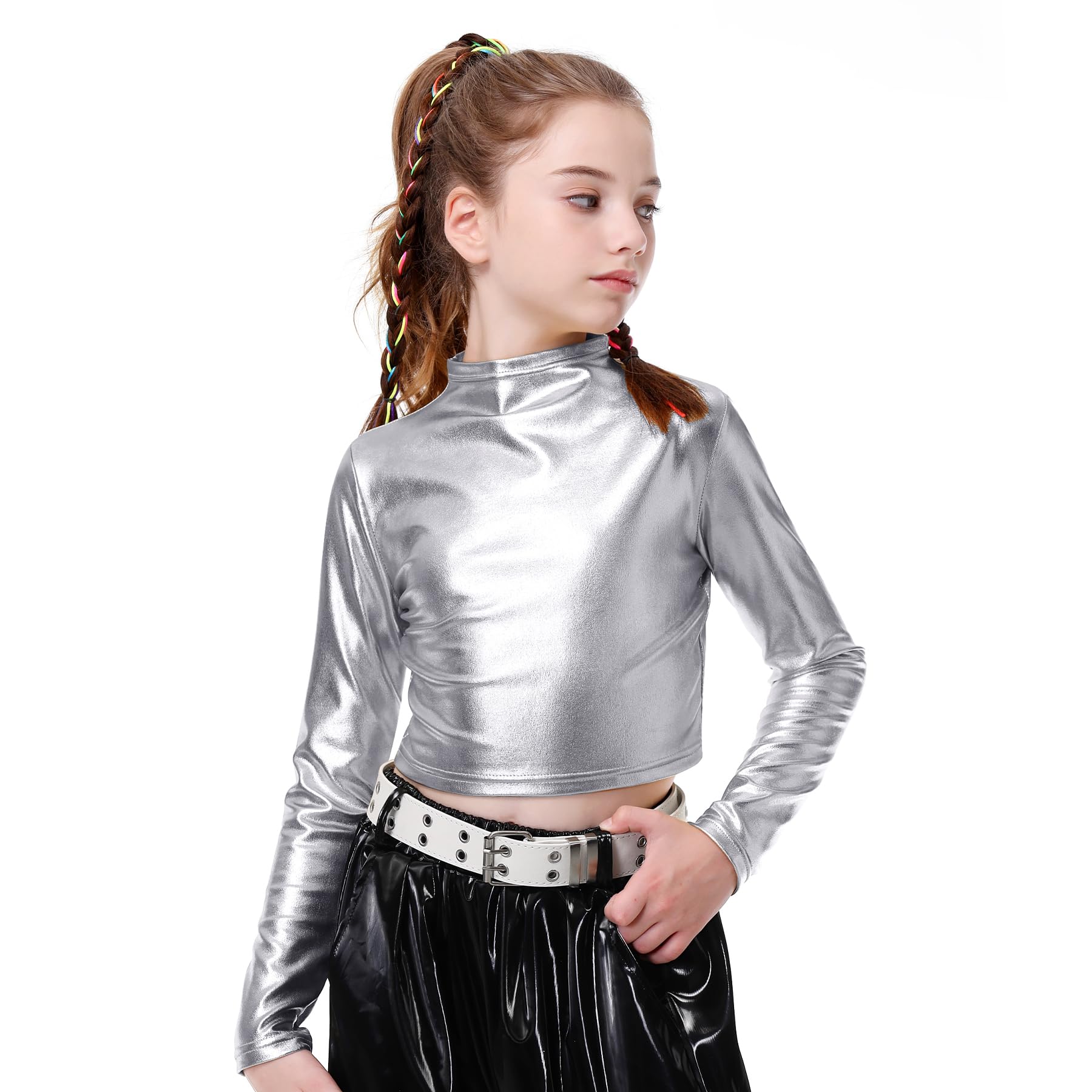 LOLANTA Top Corto Metallizzato da Bambina, Mezza Dolcevita, Maglia da Ballo Scintillante e Scintillante per Hip Hop, Disco, palco e Feste