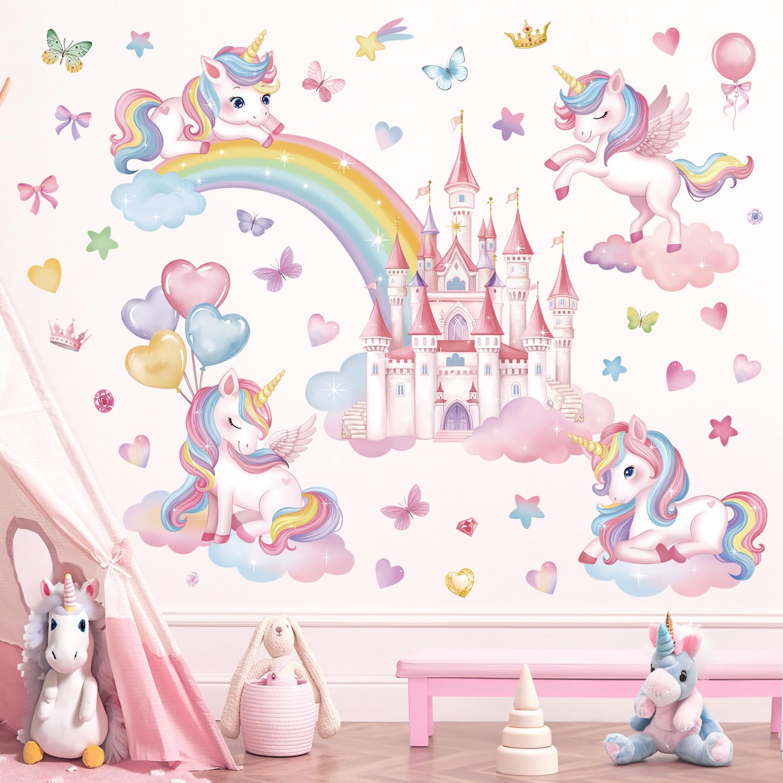wondever Rainbow Castle Wall Stickers Unicorn Butterfly Balloon Peel and Stick Wall Art Decals for Baby Nursery Girls Bedroom Toddler Room