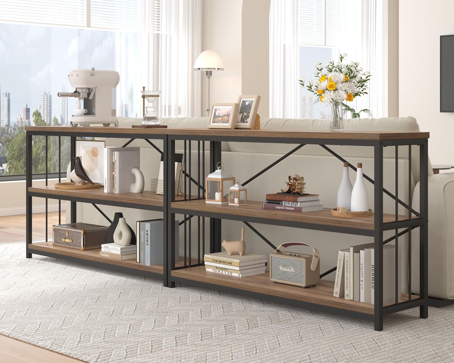 IBF 3 Tier Bookshelf Storage Organizer, Industrial Short Wide Open Horizontal Bookcase, Farmhouse Low Wood Metal Book Shelf for Office, Modern Vintage Etagere in Bedroom Living Room, Rustic Oak, 47 In
