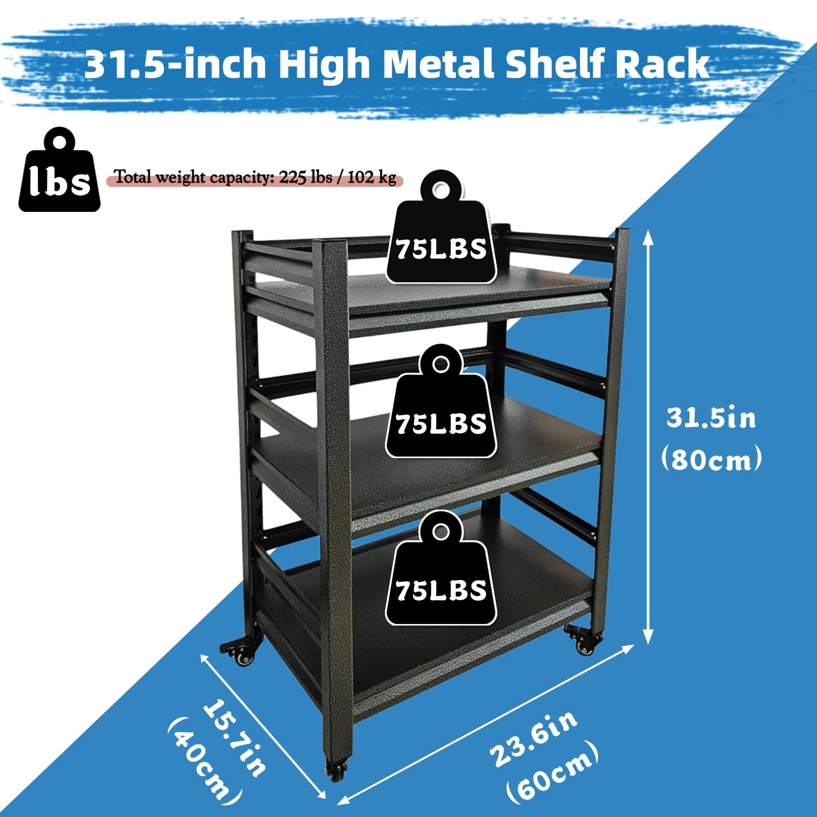 3-Stufiges Mikrowellen Regal, 102kg Metallregal mit Rollen für Garage Küche Büro Bibliothek, Vielseitiger Organizer für Wohnzimmer, 60x40x80 cm