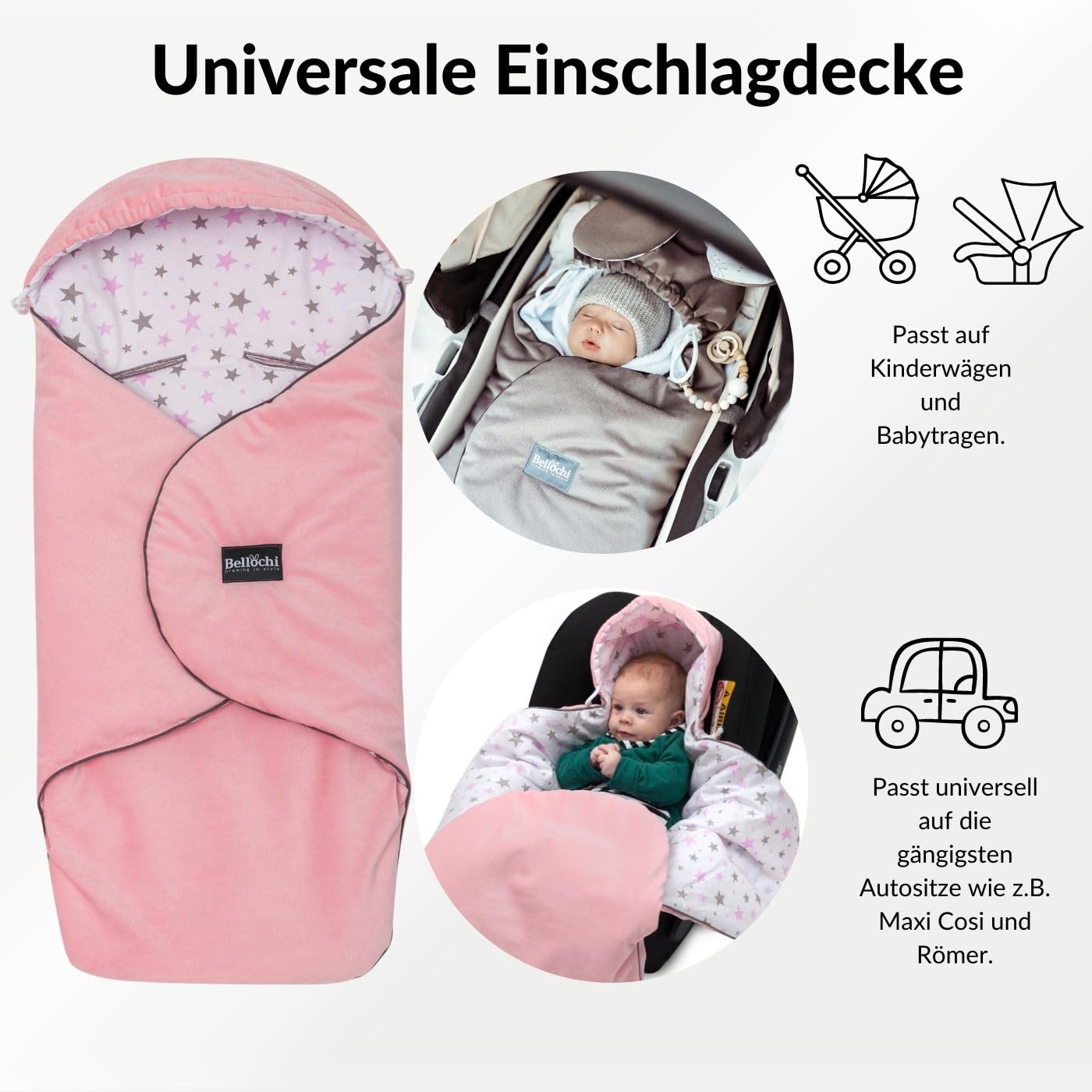 Premium Einschlagdecke Babyschale, Baby Erstausstattung aus Baumwolle für Autositz, Kuscheldecke für Kinderwagen mit Fußsack passend für Maxi-Cosi, Römer, Cybex – Rosa