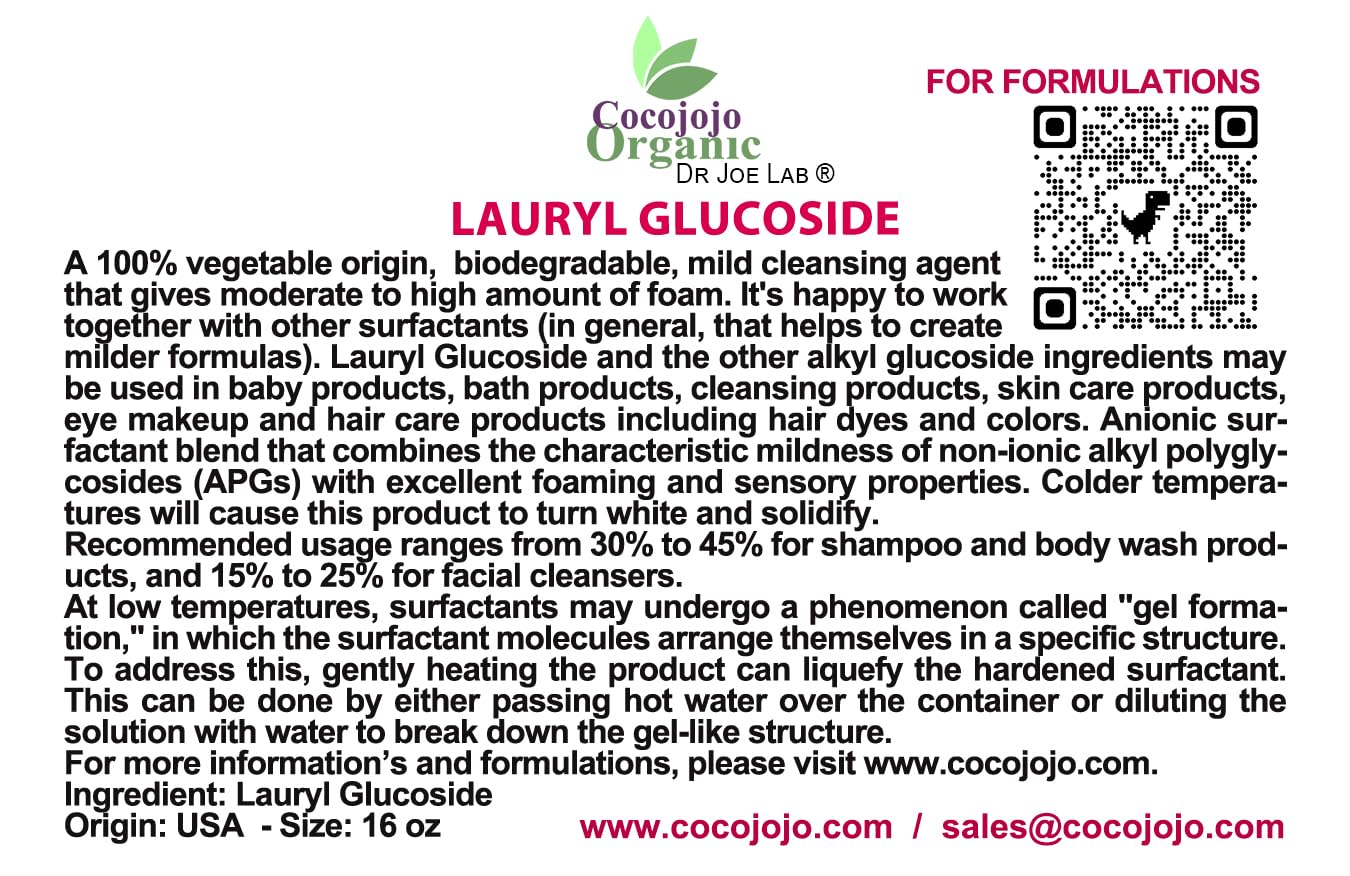 Dr Joe Lab Lauryl Glucoside Natural Surfactant - Surfactants for Soap Making, Lauryl Glucoside, DIY Shower Gel, Skin Care, Body and Face Wash, Plant Derived, Natural - 16 Oz