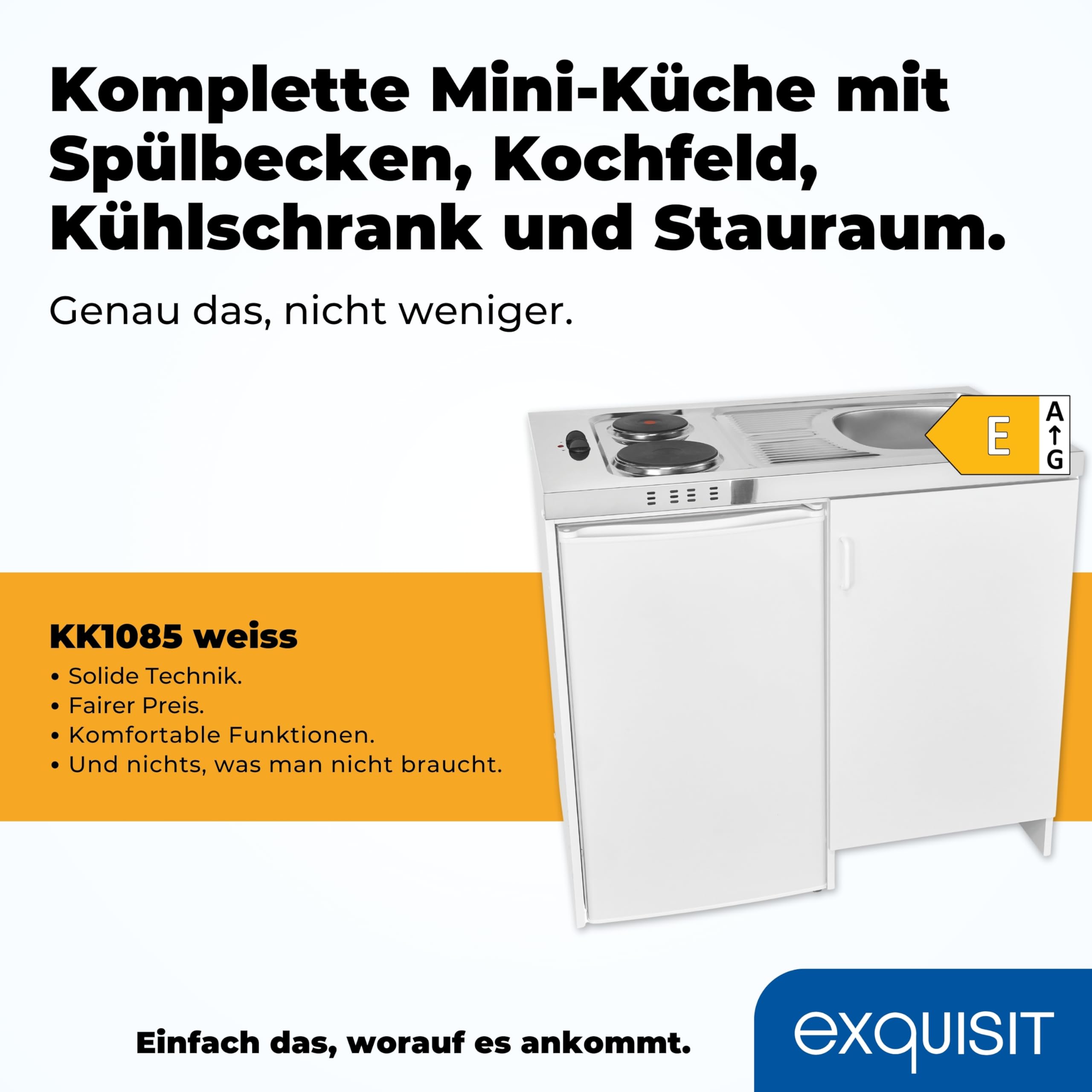Exquisit Mini-Küche Pantry KK1085 weiss Kühlschrank 76 l Nutzinhalt Kochfeld Edelstahl-Spüle Spülschrank